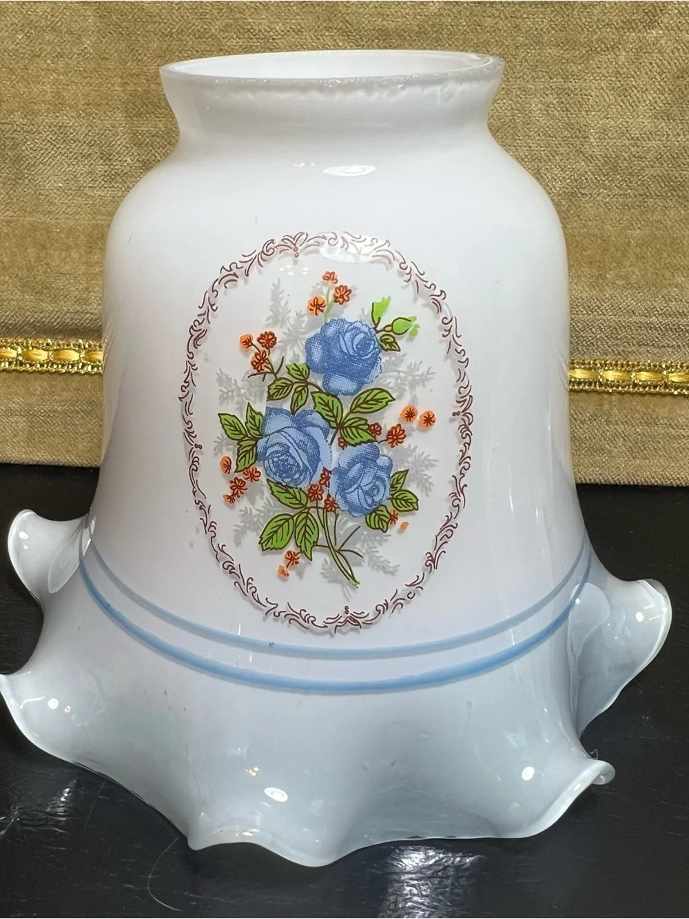 Colonial Blue Floral Roses Milk Glass Shade Ceiling Fan Chandelier Sconce Ruffle